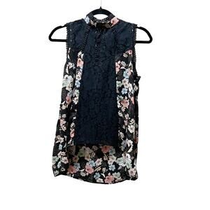Self Esteem Blouse Black Floral Lace Pom Pom Crew Neck Sleeveless Top Hi-Back L
